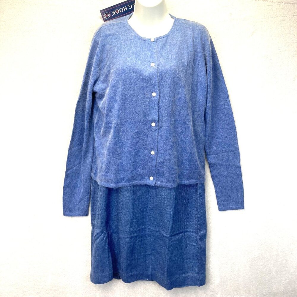 NWT J.G. Hook 2 Piece Silk Angora Cardigan Dress Set Womens 10 Blue Herringbone